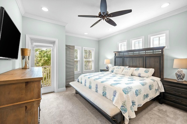 bedroom featuring ceiling fan, light carpet, and ornamental molding