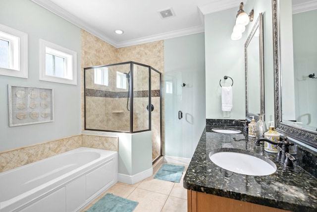 bathroom featuring tile patterned flooring, vanity, crown molding, and independent shower and bath