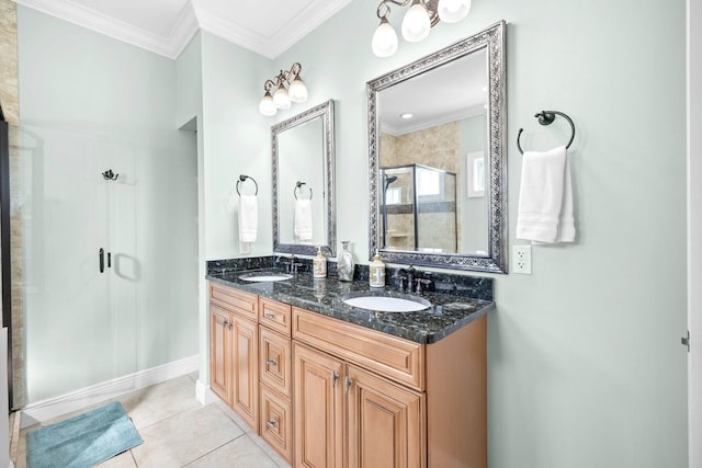 bathroom featuring tile patterned floors, vanity, ornamental molding, and walk in shower