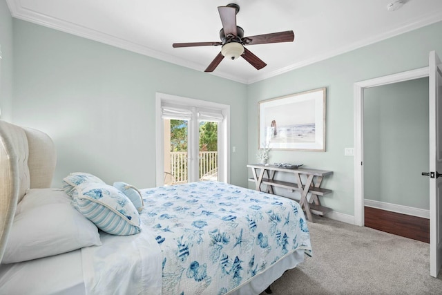 bedroom with access to exterior, light colored carpet, ceiling fan, and crown molding