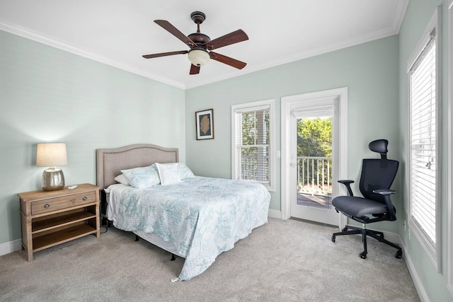 bedroom with ceiling fan, crown molding, light carpet, and access to outside