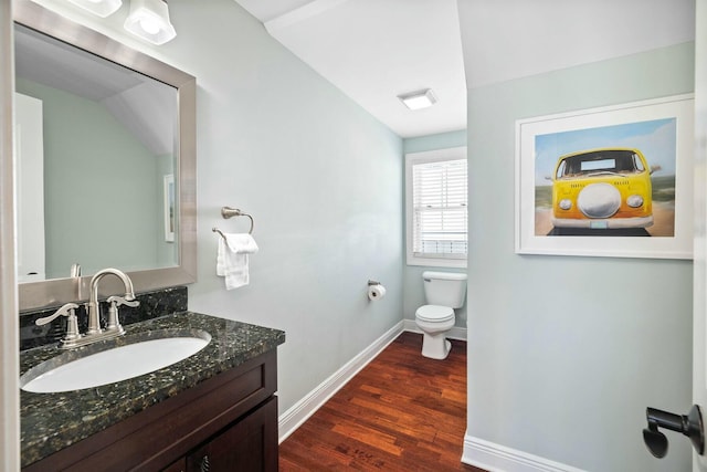 bathroom with vanity, hardwood / wood-style flooring, and toilet