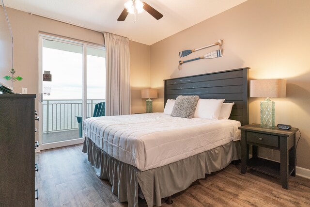 bedroom with access to outside, ceiling fan, and hardwood / wood-style flooring