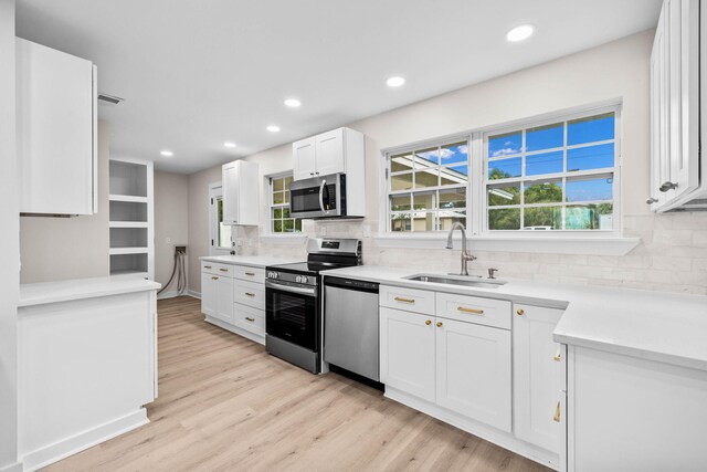 kitchen with sink, white cabinetry, light hardwood / wood-style flooring, decorative backsplash, and appliances with stainless steel finishes