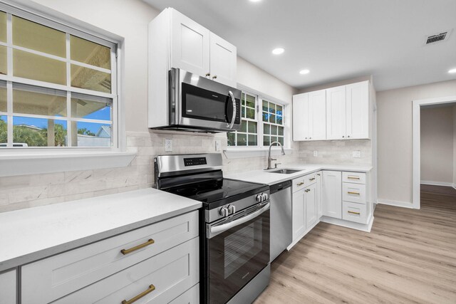 kitchen featuring decorative backsplash, white cabinets, appliances with stainless steel finishes, and sink