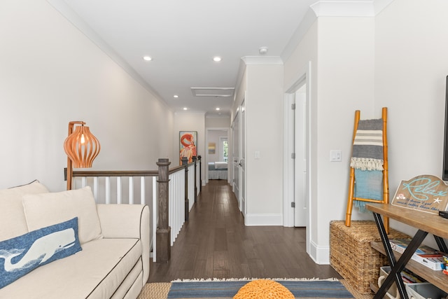 hallway with crown molding and dark hardwood / wood-style flooring