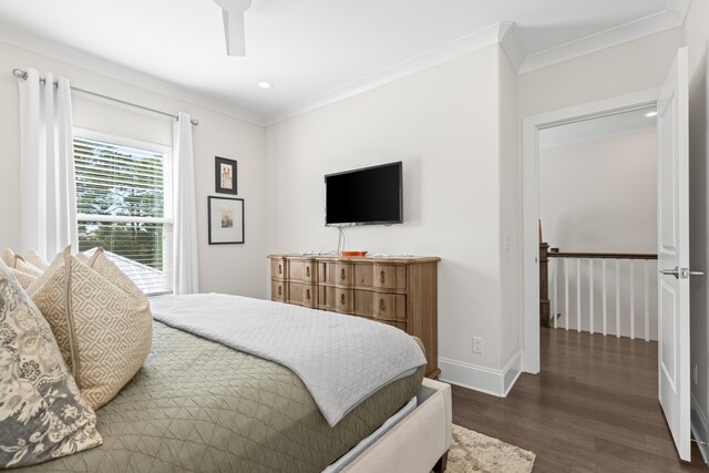 bedroom featuring ceiling fan, dark wood-type flooring, and crown molding