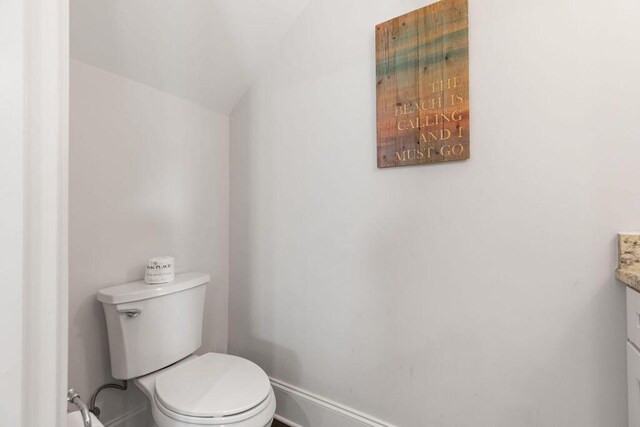 bathroom featuring vanity, toilet, and vaulted ceiling