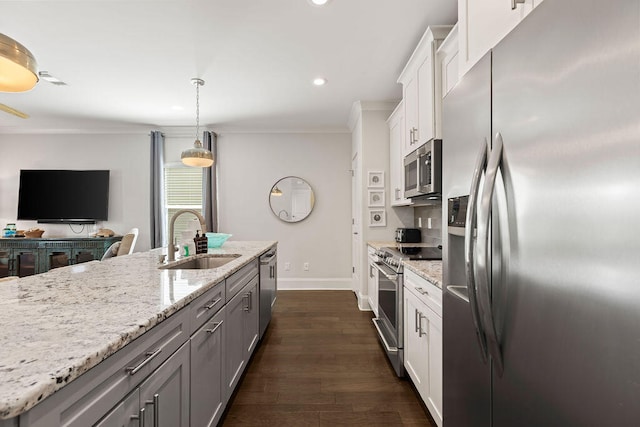 kitchen with white cabinets, pendant lighting, sink, dark wood-type flooring, and appliances with stainless steel finishes