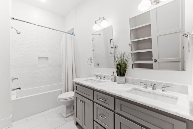 full bathroom with vanity, toilet, shower / bathtub combination with curtain, and tile patterned flooring