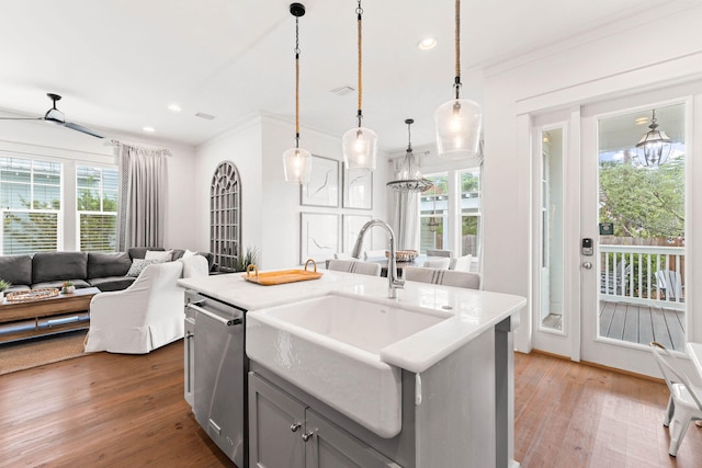 kitchen with hardwood / wood-style floors, a healthy amount of sunlight, stainless steel dishwasher, and pendant lighting