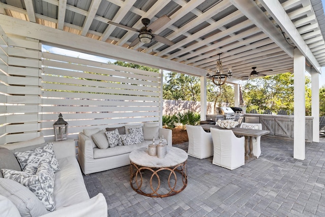 view of patio / terrace featuring outdoor lounge area, grilling area, and ceiling fan