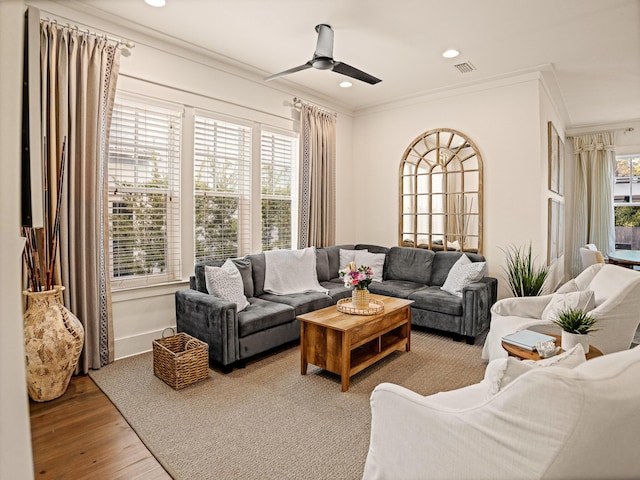 47 Trail Ln, Santa Rosa Beach, FL 32459 - living area with ornamental molding, wood finished floors, ceiling fan, and recessed lighting