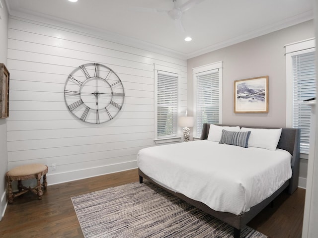 47 Trail Ln, Santa Rosa Beach, FL 32459 - bedroom with dark wood-style flooring, crown molding, wooden walls, recessed lighting, and ceiling fan