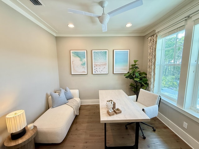 47 Trail Ln, Santa Rosa Beach, FL 32459 - office area featuring crown molding, ceiling fan, recessed lighting, and wood finished floors