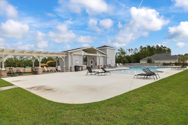 exterior space featuring a pergola, a lawn, and a patio area