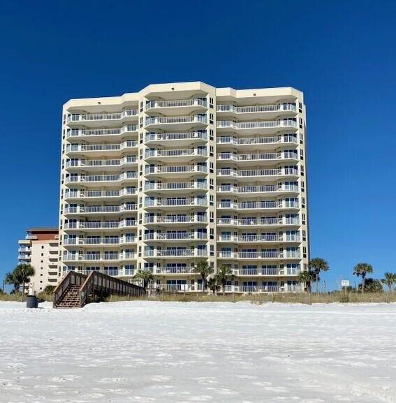 view of snow covered building