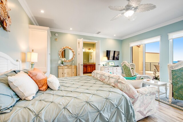 bedroom with ensuite bath, ceiling fan, crown molding, and light hardwood / wood-style flooring