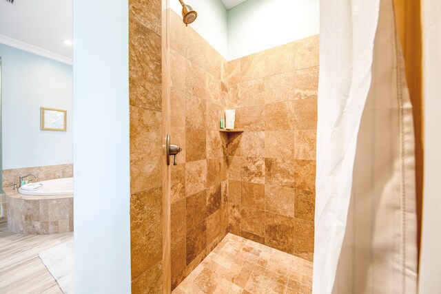 bathroom with separate shower and tub and ornamental molding