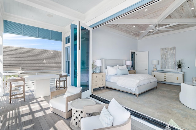 bedroom featuring vaulted ceiling with beams and wooden ceiling