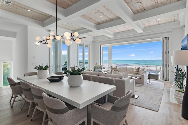 dining area featuring light wood-type flooring, coffered ceiling, and a wealth of natural light