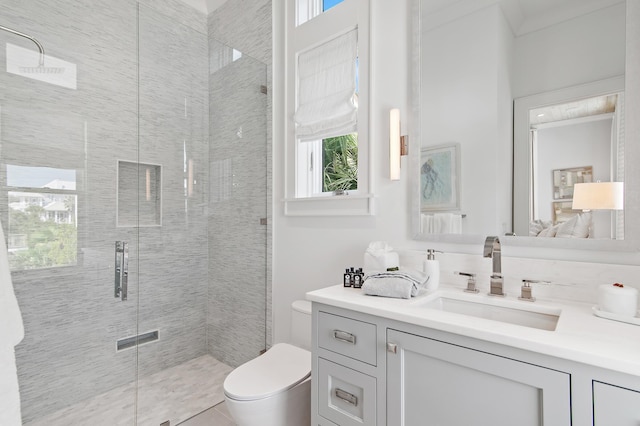 bathroom featuring toilet, a shower stall, and vanity