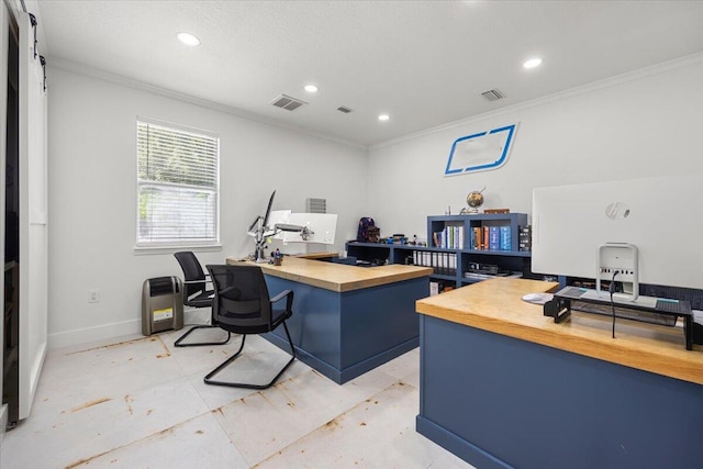 office area featuring crown molding