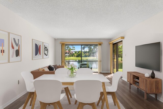 dining space with hardwood / wood-style flooring and a textured ceiling