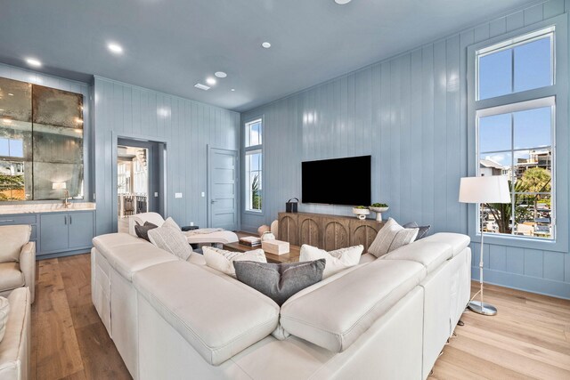 living room with wood walls and light hardwood / wood-style floors