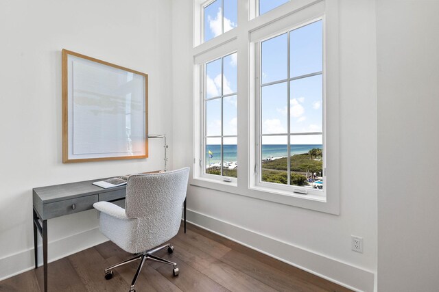 home office with wood-type flooring and a water view