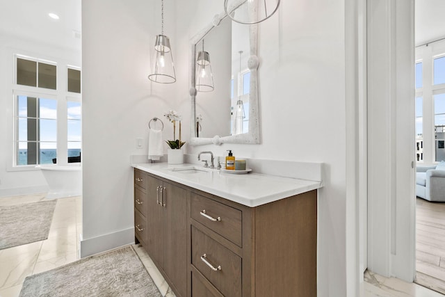 bathroom with vanity and hardwood / wood-style floors