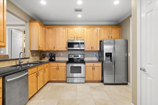 kitchen featuring decorative backsplash, light tile patterned flooring, stainless steel appliances, ornamental molding, and sink