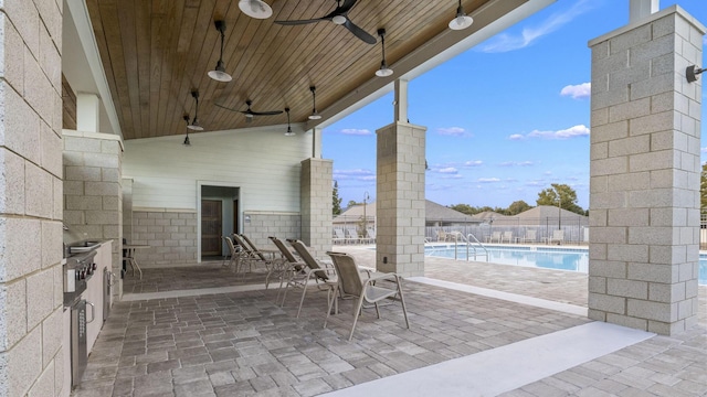 view of patio / terrace with ceiling fan, a community pool, and area for grilling