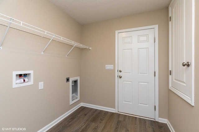 laundry room featuring hookup for an electric dryer, a textured ceiling, dark hardwood / wood-style flooring, and washer hookup