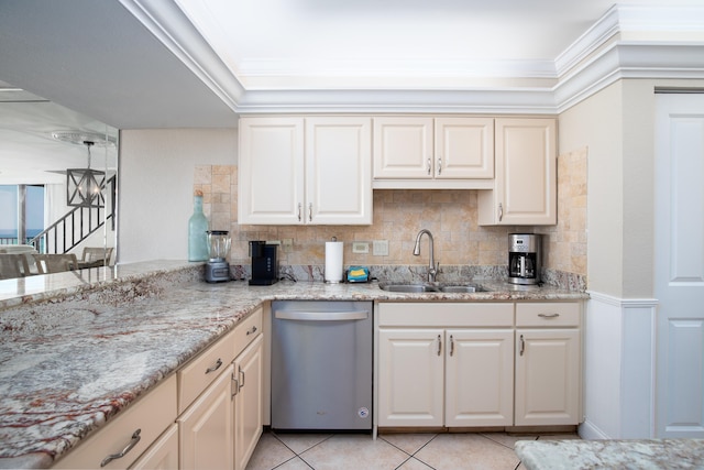 kitchen featuring sink, stainless steel dishwasher, crown molding, decorative backsplash, and light tile patterned floors