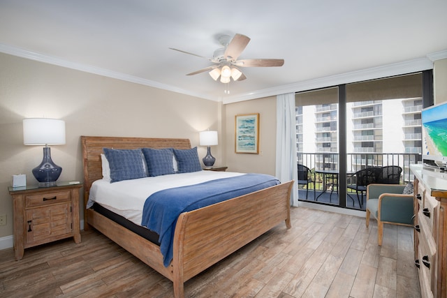 bedroom featuring crown molding, wood-type flooring, access to exterior, and ceiling fan