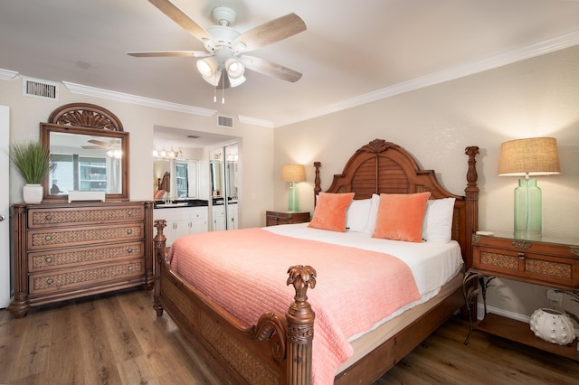 114 Main Sail Dr Unit 137, Miramar Beach, FL 32550 - bedroom featuring wood finished floors, ornamental molding, ensuite bathroom, and a ceiling fan