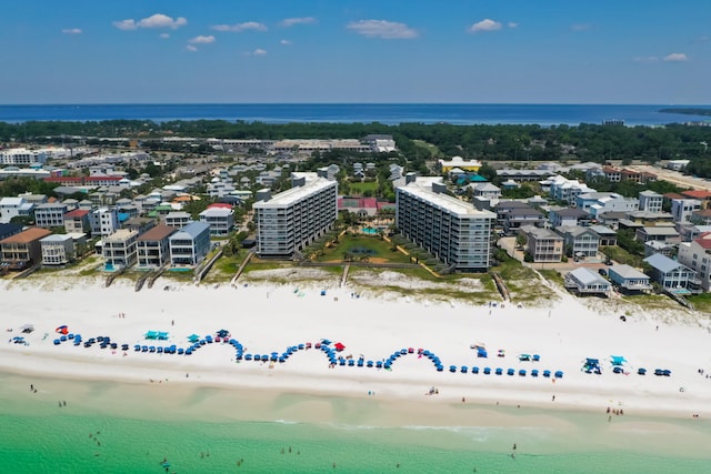 bird's eye view with a view of the beach and a water view