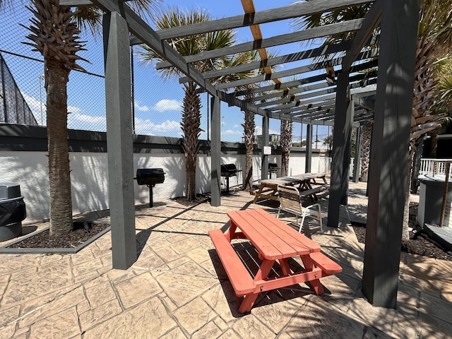 114 Main Sail Dr Unit 137, Miramar Beach, FL 32550 - view of patio / terrace with a pergola, a fenced backyard, outdoor dining space, a water view, and a grill