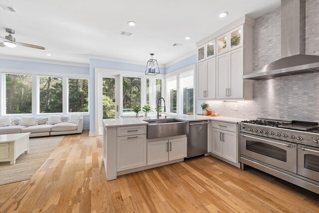 kitchen featuring appliances with stainless steel finishes, wall chimney exhaust hood, sink, and white cabinetry