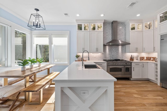 kitchen featuring white cabinetry, backsplash, wall chimney exhaust hood, high quality appliances, and sink