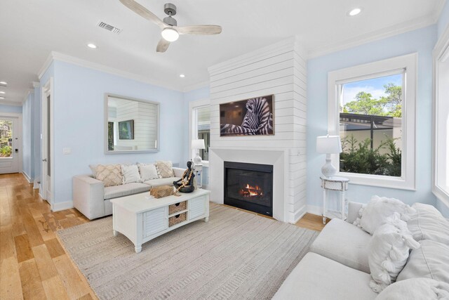 living room with crown molding, ceiling fan, and light hardwood / wood-style flooring