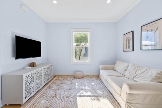 living room with ornamental molding