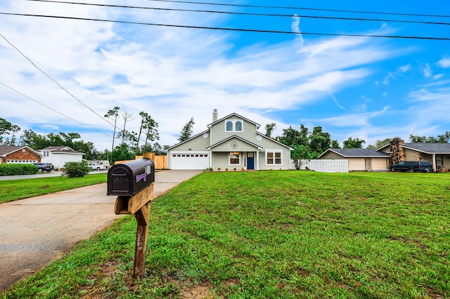 view of front of house with a garage and a front lawn