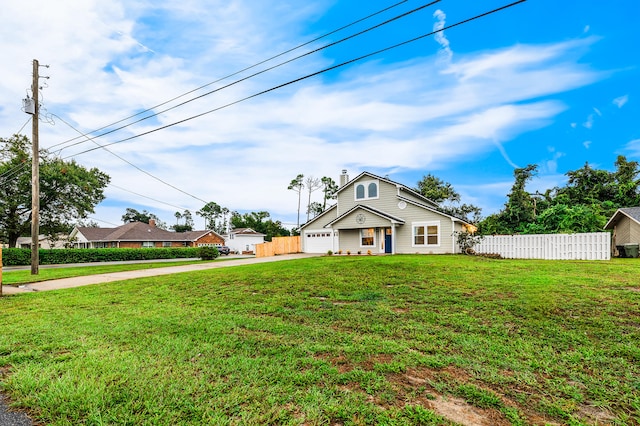 view of front of home featuring a front yard and a garage