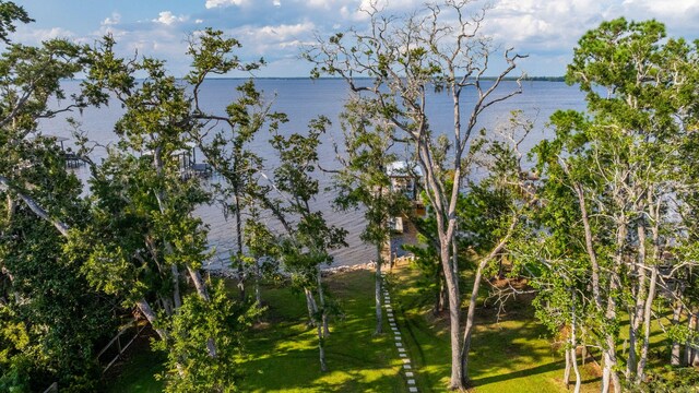 exterior space with a water view