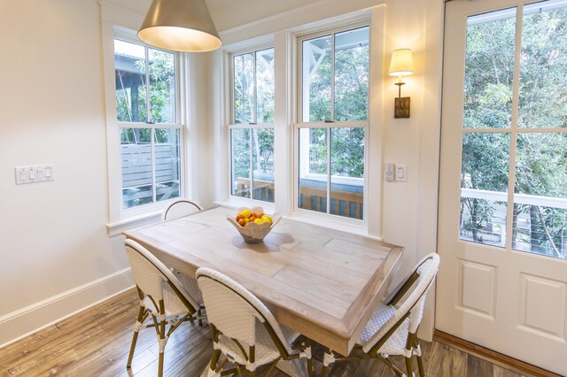 dining space with hardwood / wood-style floors