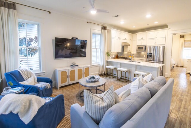 living room with light hardwood / wood-style flooring, ceiling fan, a healthy amount of sunlight, and sink