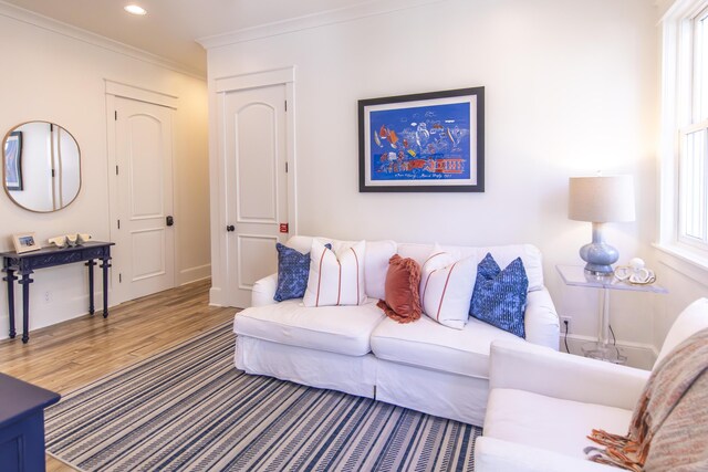 living room featuring ornamental molding and hardwood / wood-style flooring