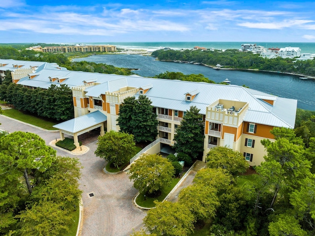 birds eye view of property featuring a water view